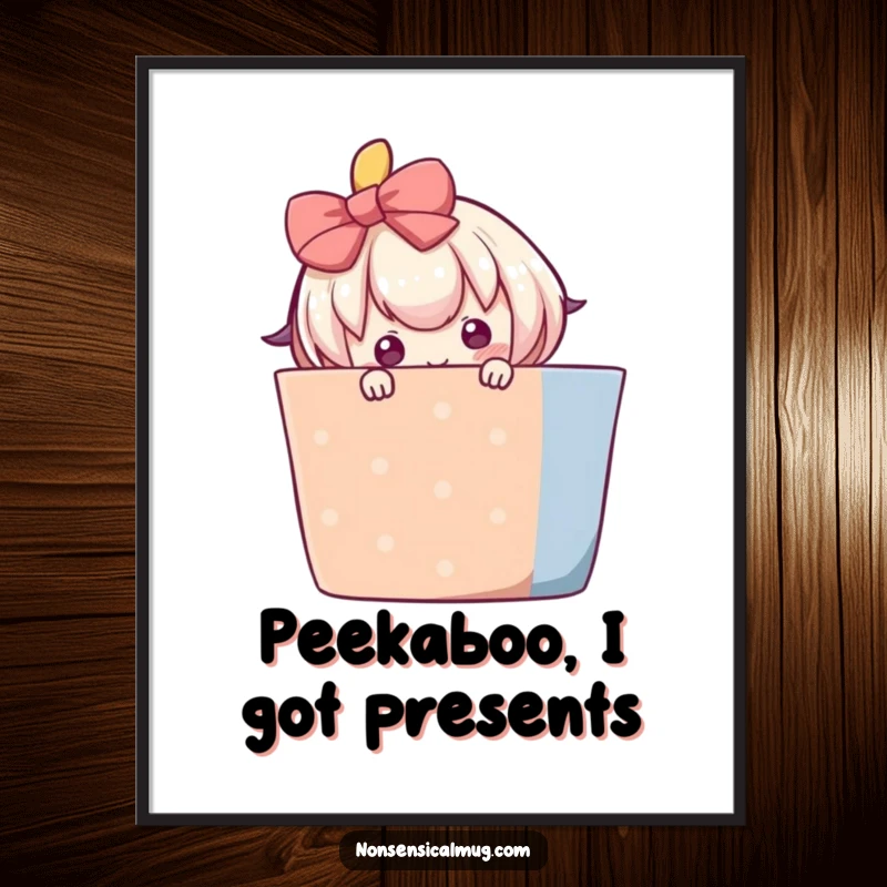 Funny free printable wall art of a blushing character shyly peeking out from behind a large, brightly colored gift box.