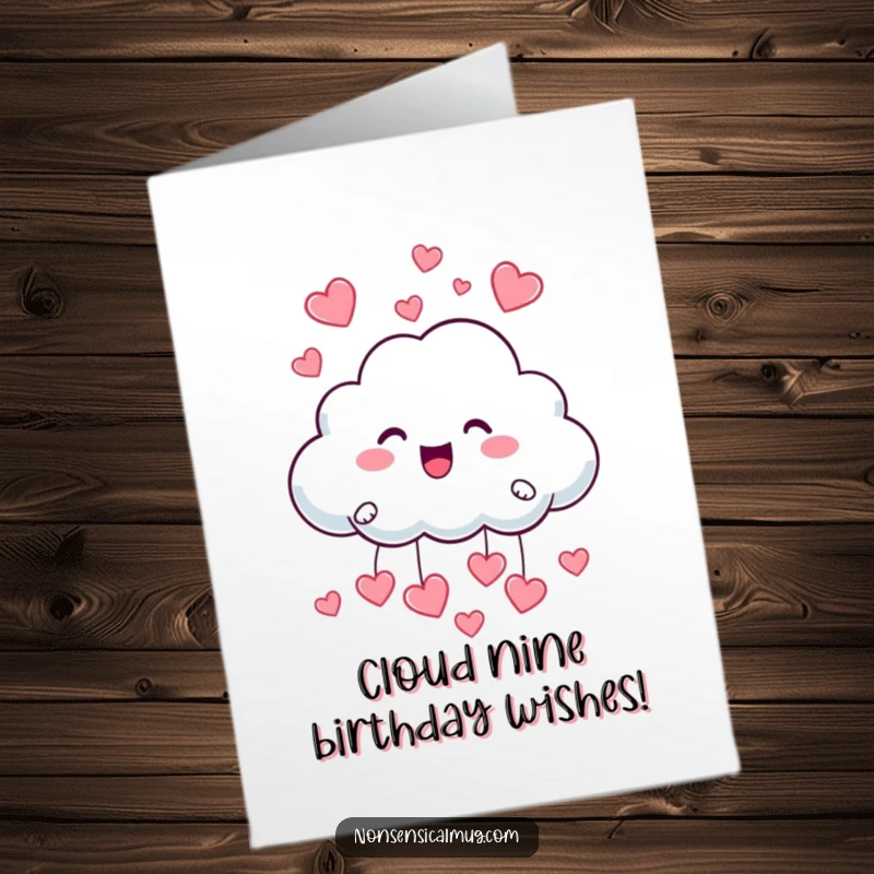 Funny Free Printable Birthday Card: A playful cloud character happily raining down small, cute hearts.