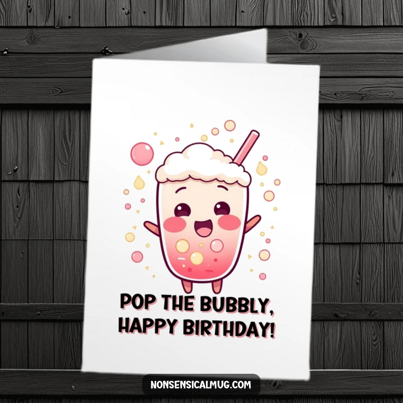 Funny Free Printable Birthday Card: A bubbly soda character bursting with excitement, surrounded by fizzy bubbles, radiating pure energy.