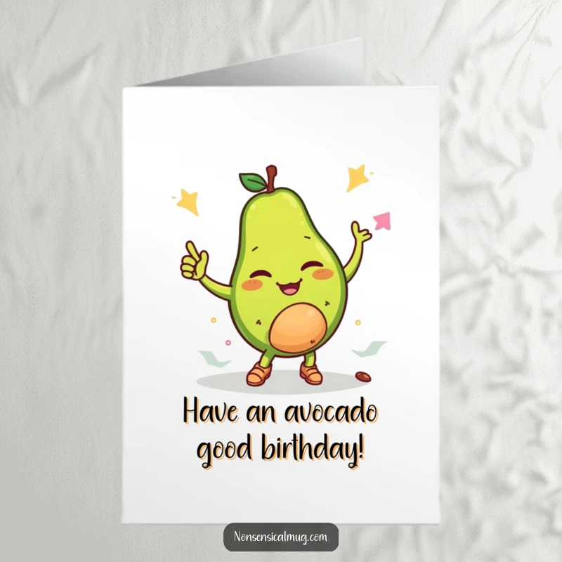 Funny Free Printable Birthday Card: A winking avocado breakdancing energetically with its pit, celebrating with a cool, playful vibe.
