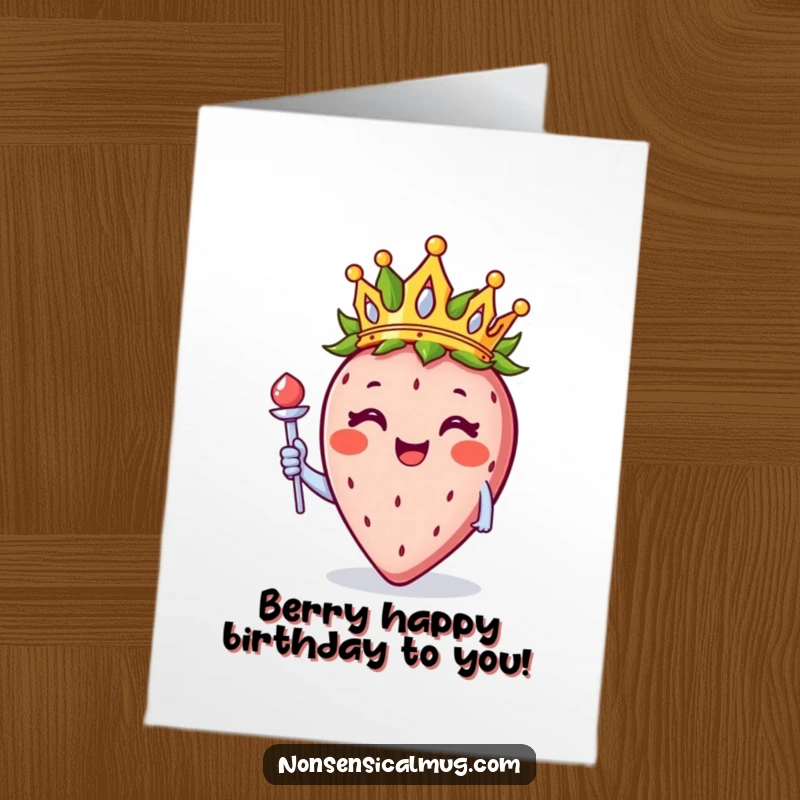 Funny Free Printable birthday card, a smiling strawberry wearing a golden crown and holding a tiny scepter, looking regal and cheerful.