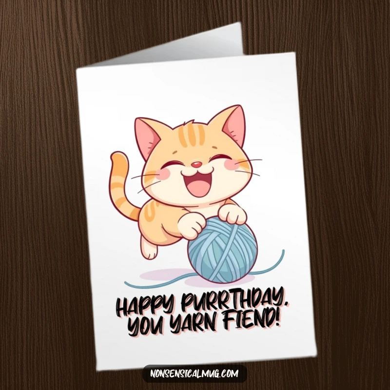 Funny Free Printable Cat Birthday Card showing a mischievous kitty gleefully attacking a bouncy ball of yarn, ready for birthday chaos.
