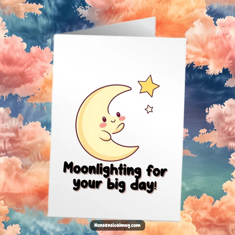 Funny Free Printable Birthday Card: Whimsical moon character gleefully chases a twinkling star across a night sky.