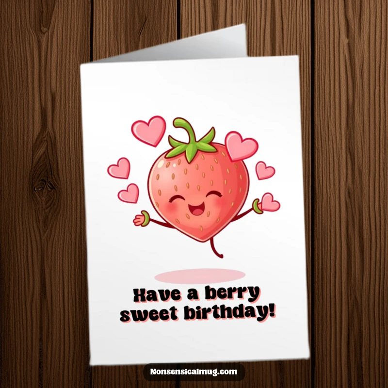 Funny Free Printable Birthday Card: Cheerful strawberry character joyfully juggling red hearts, spreading love.