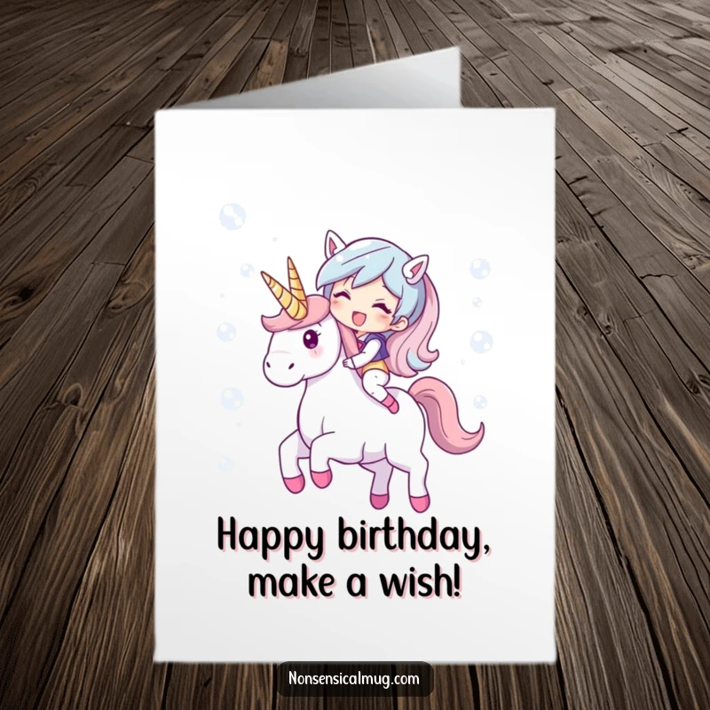 Funny Free Printable Birthday Card: giggling character rides a unicorn made of shimmering bubbles, pure joy.