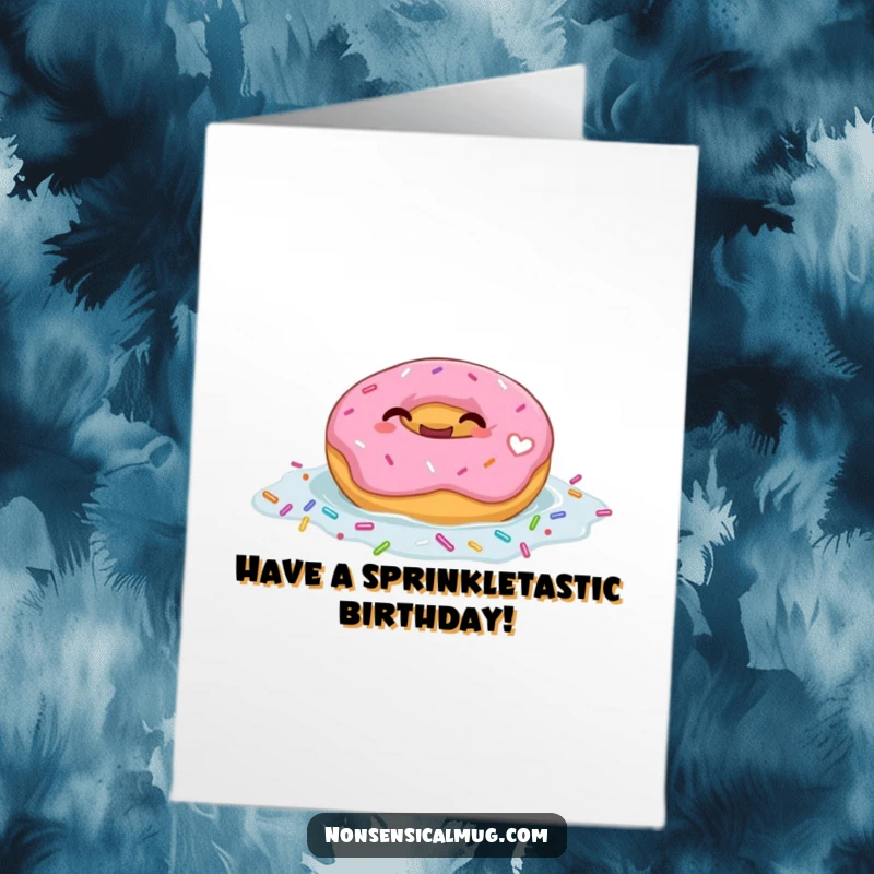 Funny Free Printable Birthday Card: A giggling donut happily floating in a colorful pool of sprinkles, radiating pure delight.
