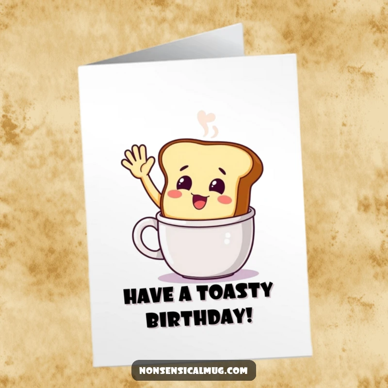 Funny Free Printable Birthday Card: A smiling toast character excitedly waving from inside a steaming mug.