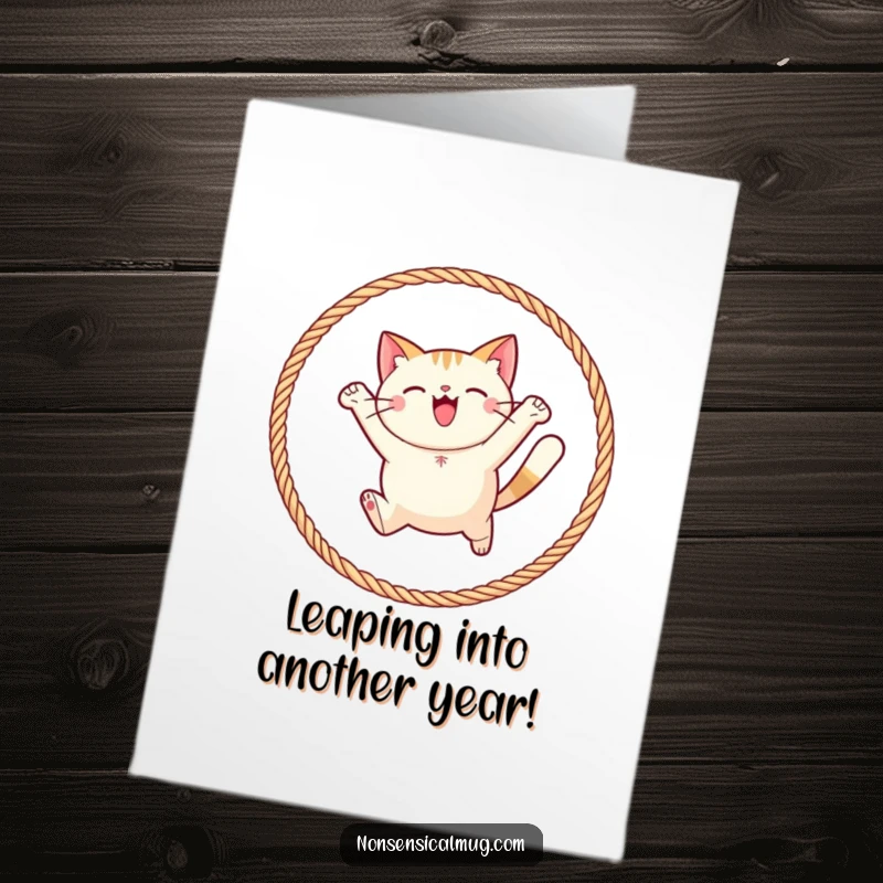 Funny Free Printable Birthday Card: A round, happy cat character joyfully leaping through a hoop made of colorful yarn.