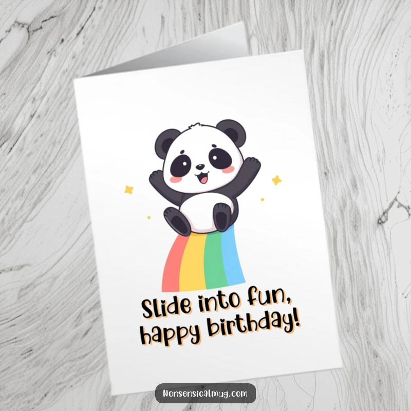 Funny Free Printable Birthday Card: A kawaii panda slides down a vibrant rainbow with pure glee and excitement.