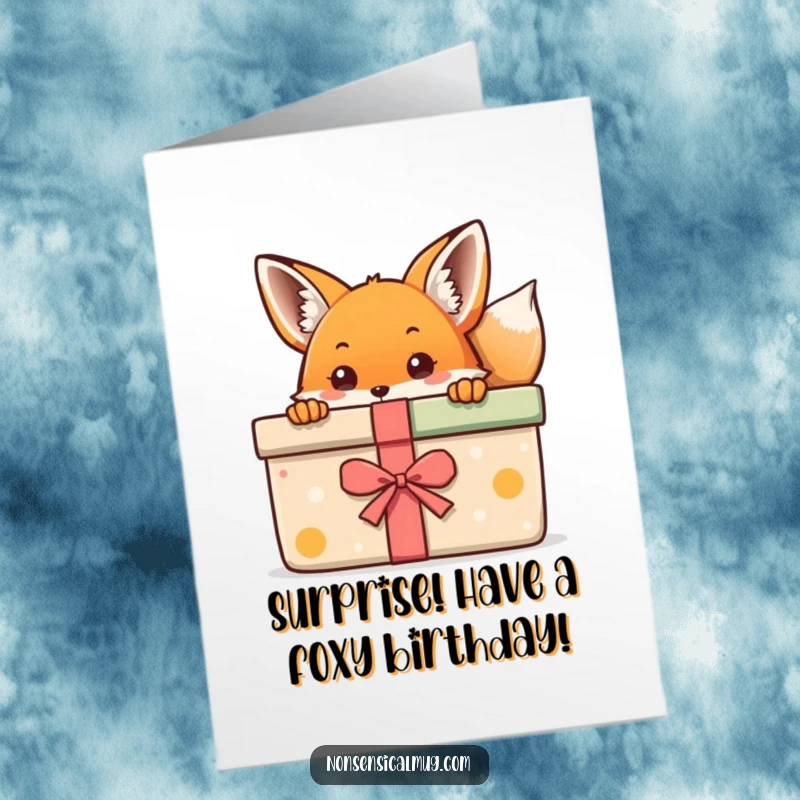 Funny Free Printable Birthday Card: A kawaii fox peeks playfully from behind a large, colorful wrapped gift box.