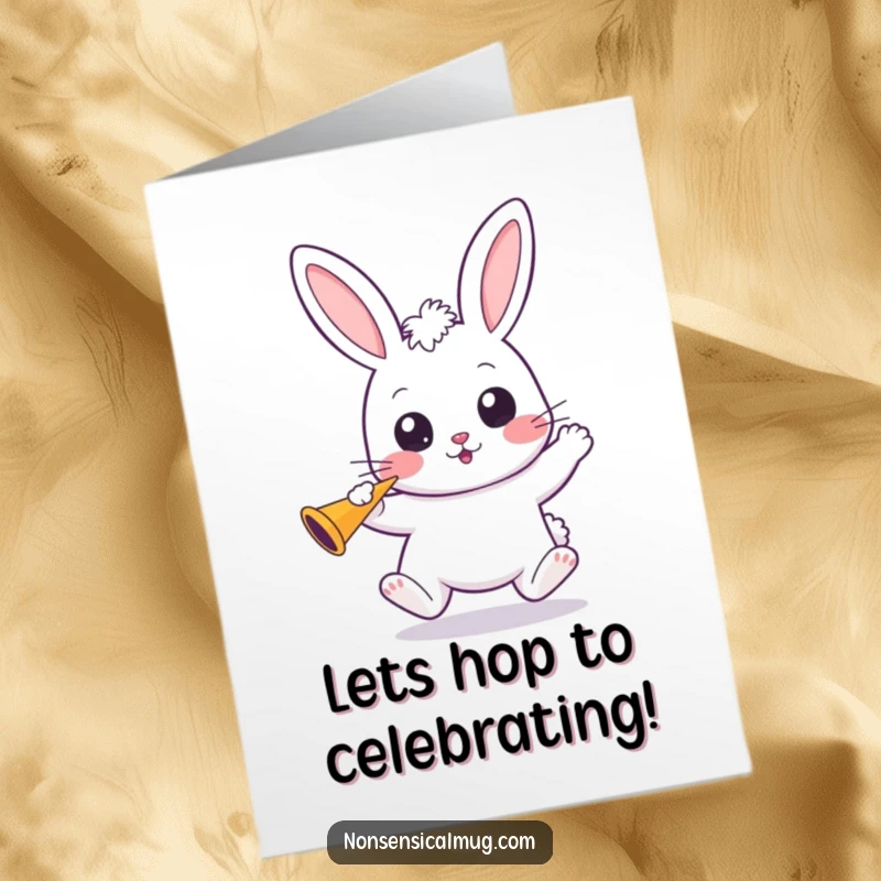 Funny Free Printable Congratulations Card of a bouncing kawaii bunny with wide eyes, holding a party horn to celebrate.