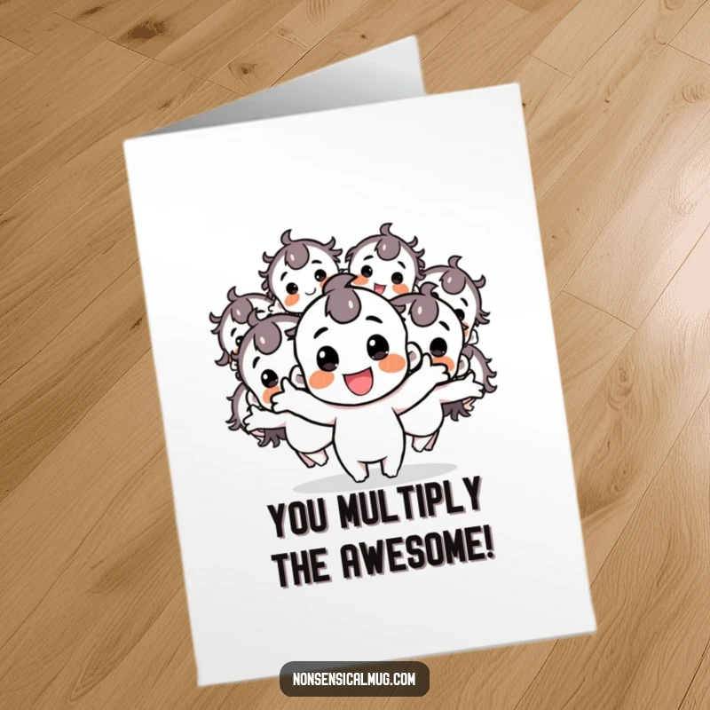 Funny Free Printable Congratulations Card: A character has multiplied into several energetic copies, celebrating accomplishments with amplified joy.