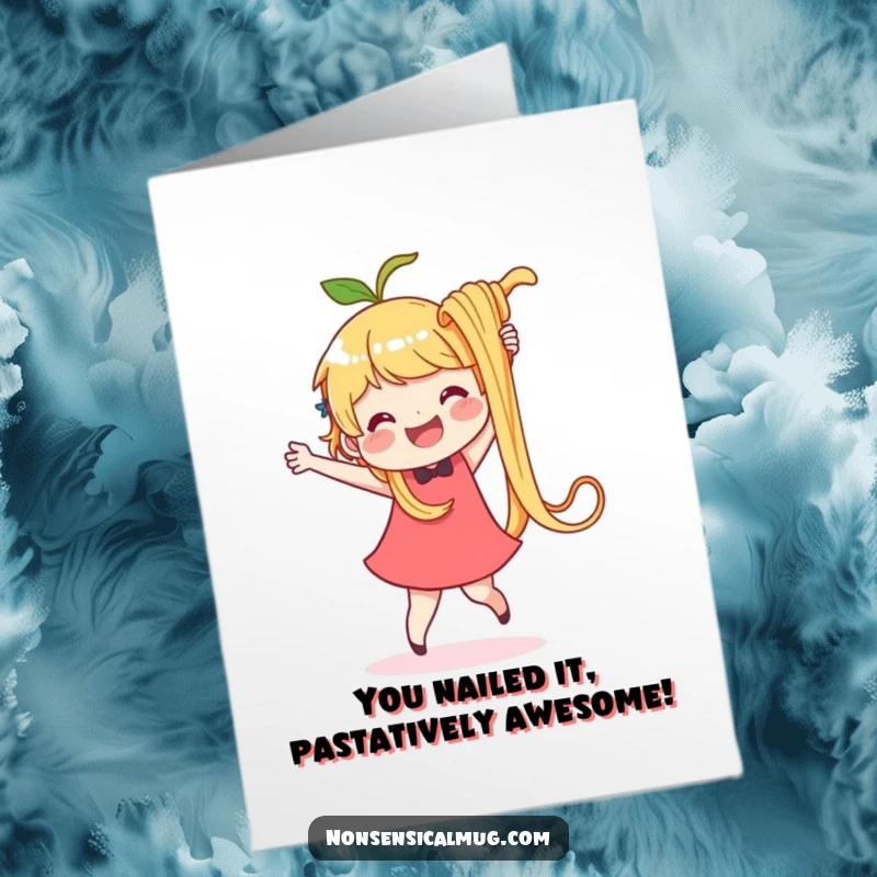 Funny Free Printable Congratulations Card: delighted character dances with an oversized wiggling noodle, celebrating achievements.