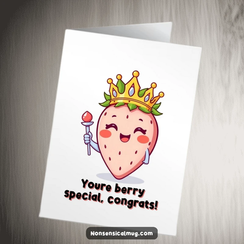 Funny Free Printable congratulations card, a smiling strawberry wearing a crown and holding a scepter, celebrating a grand victory.