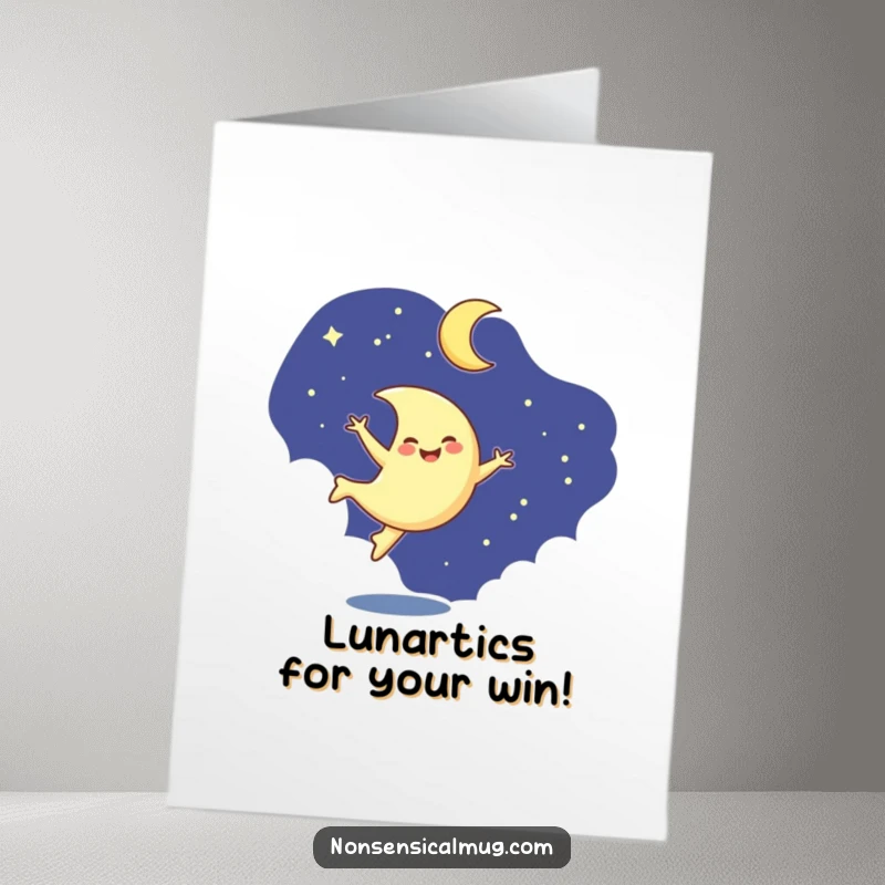 Funny Free Printable Congratulations Card: A smiling crescent moon character doing an active cartwheel in the starry night.