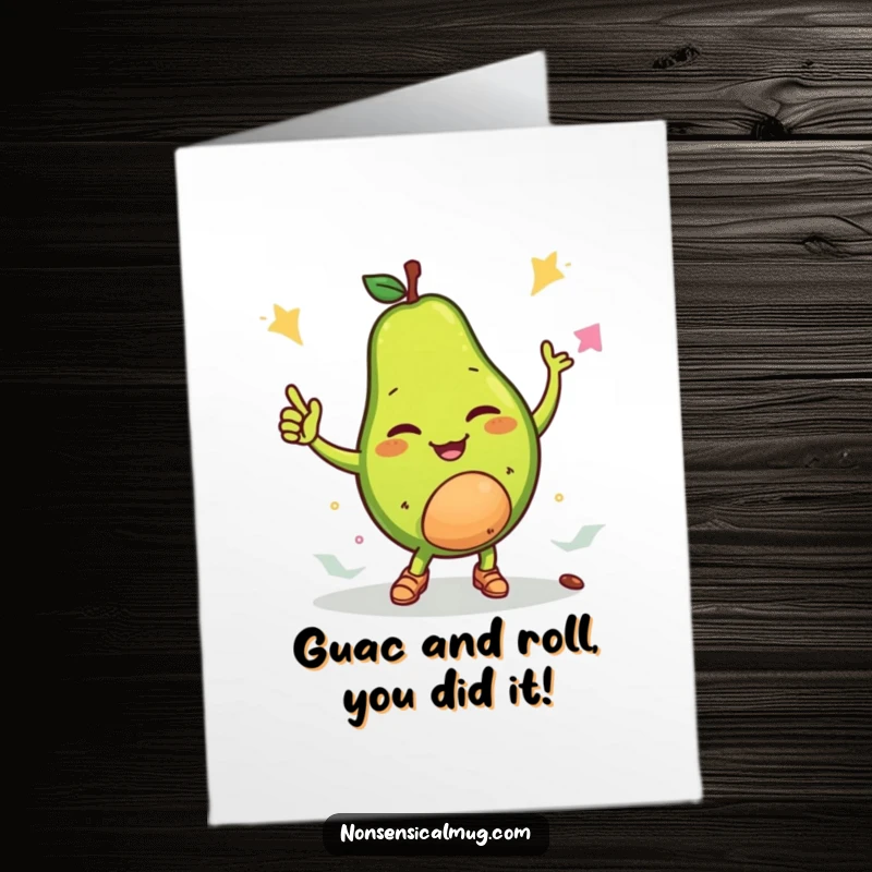 Funny Free Printable Congratulations Card: A winking avocado breakdancing with its pit, celebrating success with cool moves and a playful grin.
