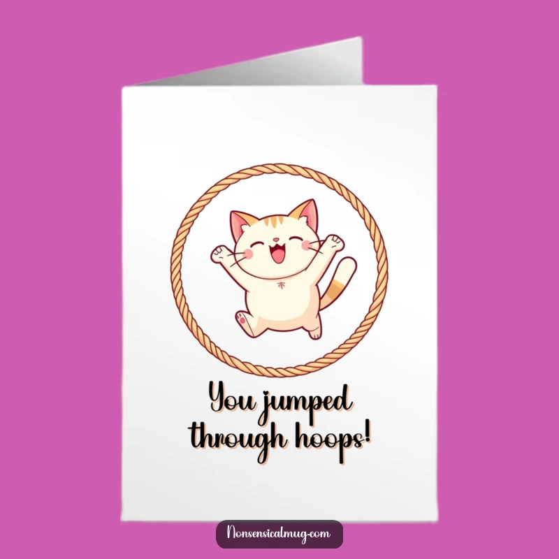 Free Printable Round Cat Congrats Card: Yarn Hoop Leap Joy Downloadable