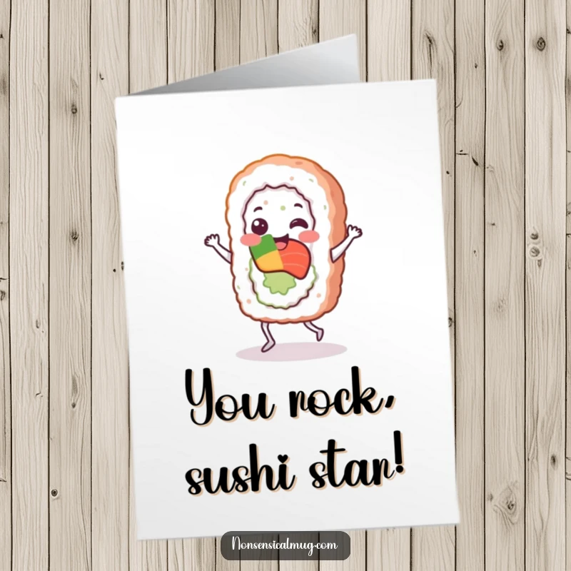 Funny Free Printable Congratulations Card: A cheerful sushi roll character performing a joyful little jig to celebrate.