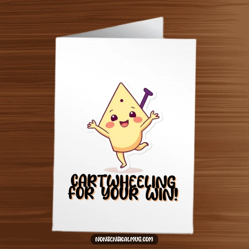 Funny Free Printable Congratulations Card: A happy triangular character does a cartwheel to celebrate a great achievement.