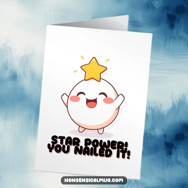 Funny Free Printable Congratulations Card: Joyful round character bouncing a radiant star, perfect for celebrating a star's success.