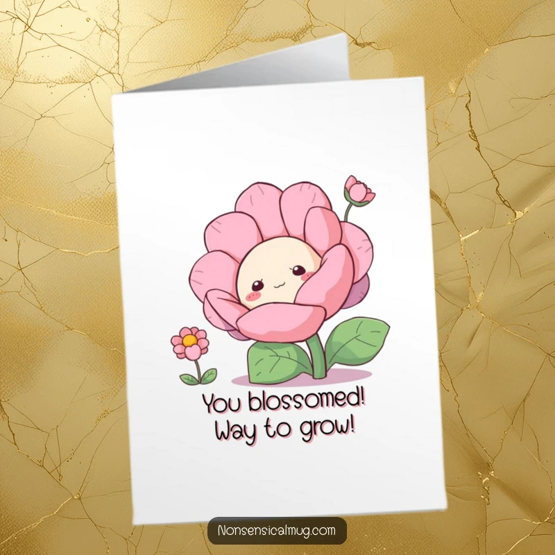 Funny free printable congratulations card showing a curious blob character peeking from behind a large flower, celebrating an achievement.
