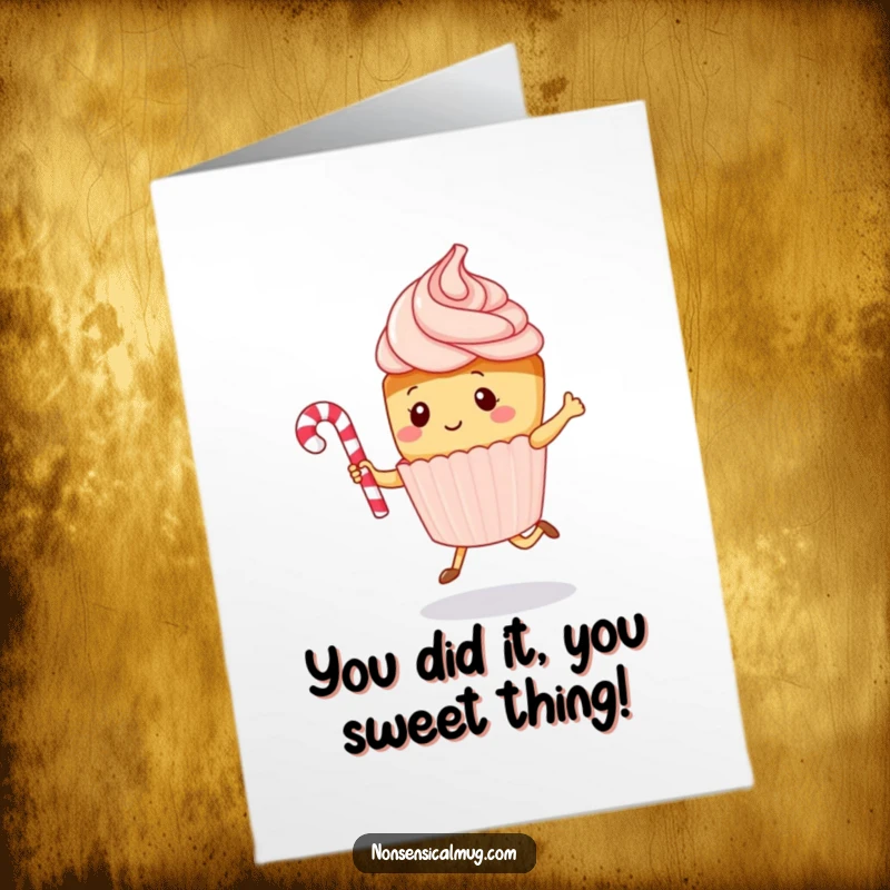 Funny free printable congratulations card with a kawaii cupcake character jumping rope with a candy cane, celebrating a sweet achievement.