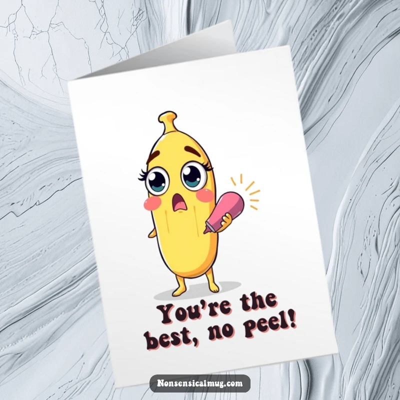 Funny free printable congratulations card featuring a surprised banana character with wide eyes holding a party popper, celebrating a fruity achievement.