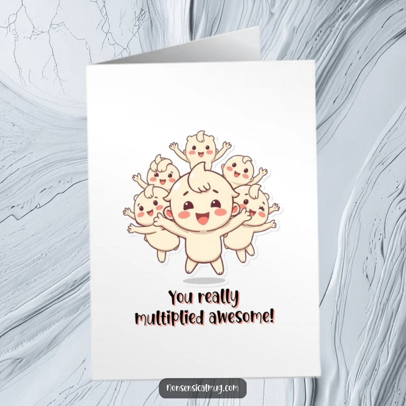Funny Free Printable Congrats Card: Happy character multiplies into numerous bouncing duplicates, celebrating success.