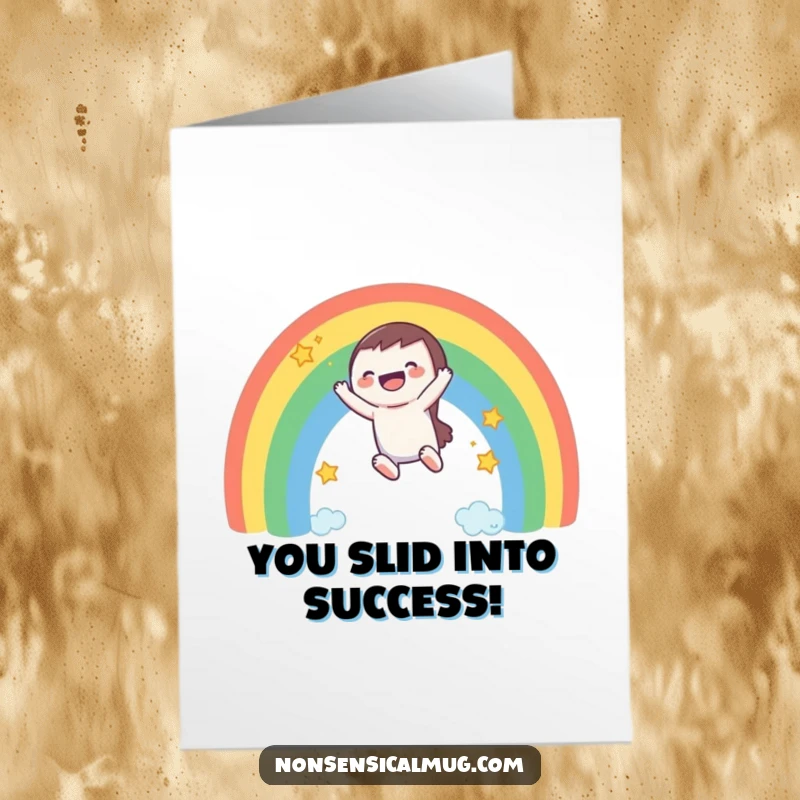 Funny Free Printable Congrats Card: Character joyfully slides down a rainbow, leaving a trail of celebratory stars.