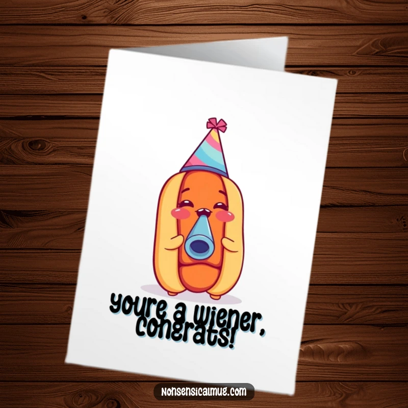 Funny Free Printable congratulations card, a happy hot dog in a party hat blowing a noisemaker, celebrating success with enthusiasm.