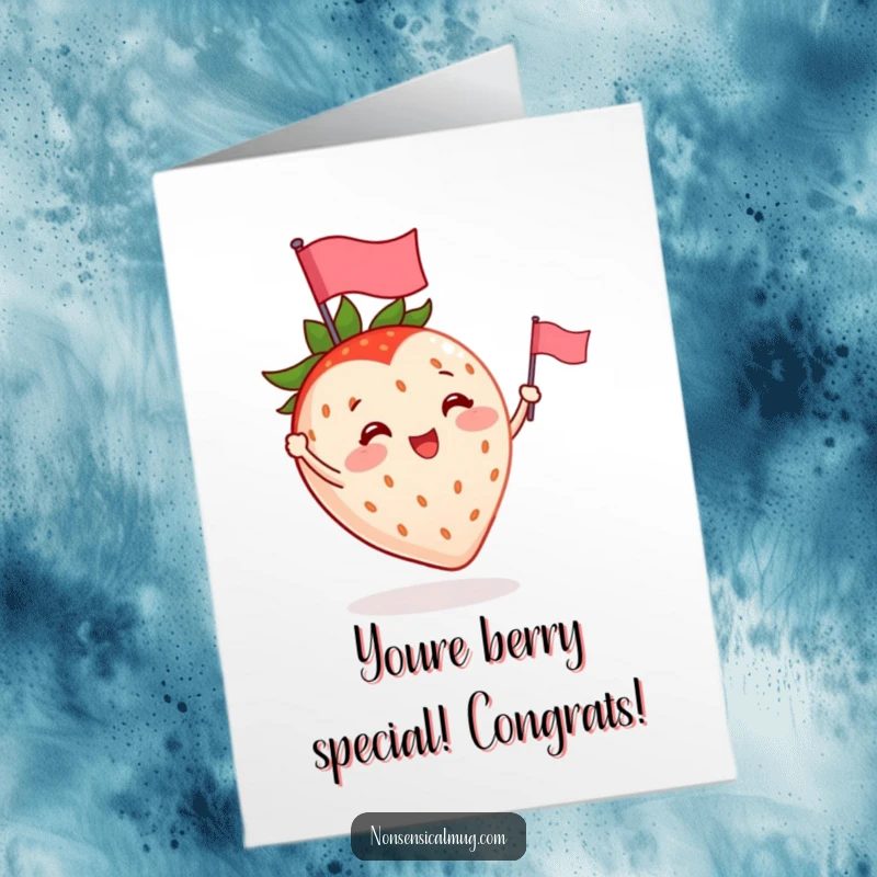 Funny Free Printable Congratulations Card: A joyful strawberry with small arms joyfully waving a tiny flag in celebration.