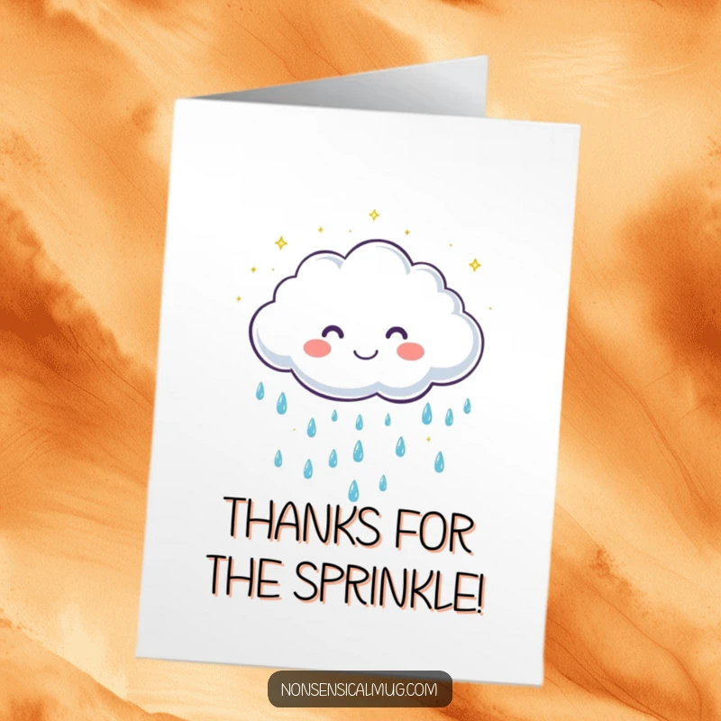 Funny Free Printable Thank You Card: Cute cloud character with a grin showers sparkling raindrops as a thank you.