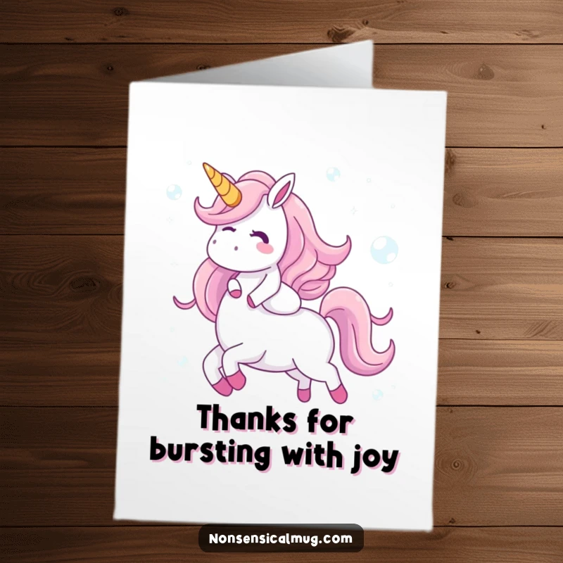 Funny Free Printable Thank You Card: Giggling character rides a bubble unicorn, sending thanks.