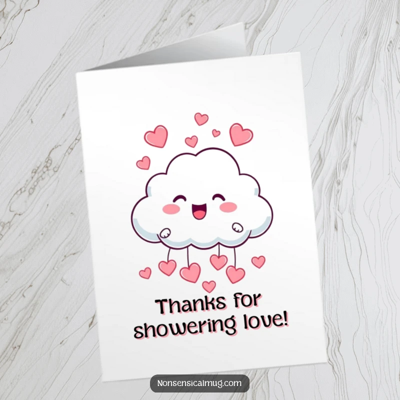 Funny Free Printable Thank You Card: A playful cloud character gleefully raining down tiny, sweet hearts.