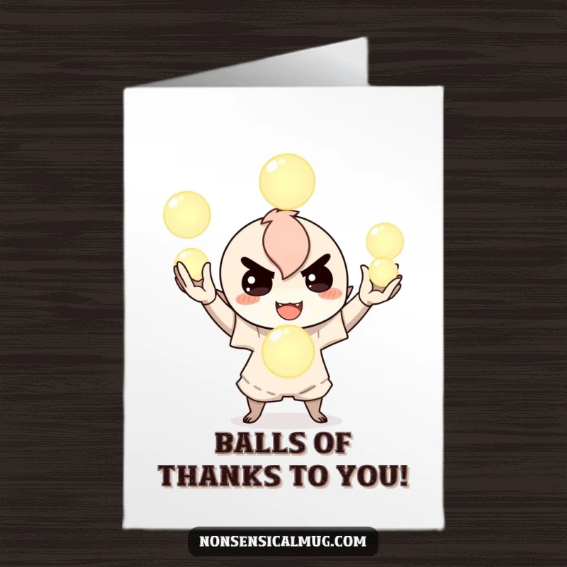 Funny Free Printable Thank You Card: Mischievous character juggles glowing orbs, symbolizing thanks.