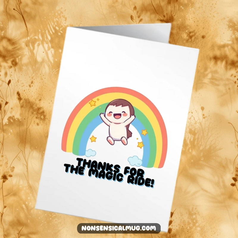 Funny Free Printable Thank You Card: Character slides down a vibrant rainbow, a symbol of happy gratitude.