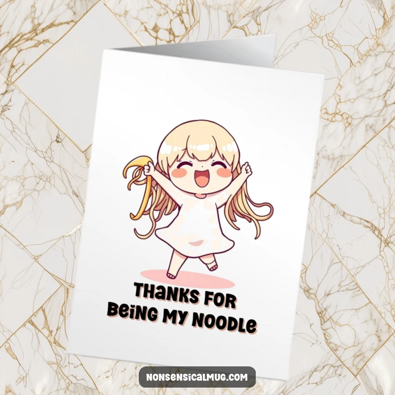 Funny Free Printable Thank You Card: Delighted character wiggles with a giant noodle, expressing thanks.