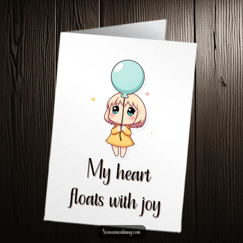 Funny free printable thank you card of a character holding a balloon, looking up dreamily, conveying thanks with quiet appreciation.