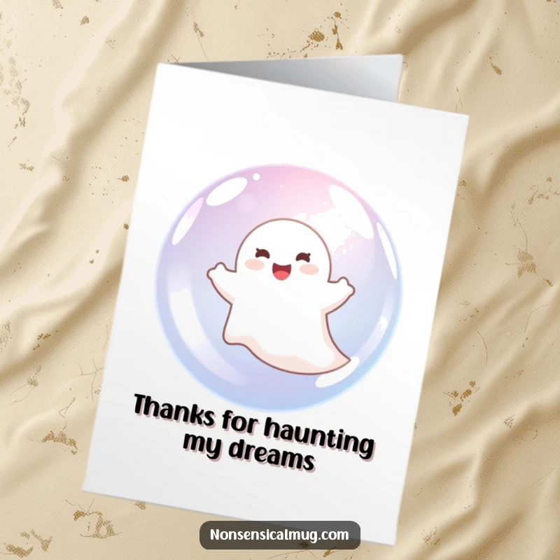 Funny free printable thank you card with a cheerful ghost inside a bubble, expressing thanks with ghostly glee.