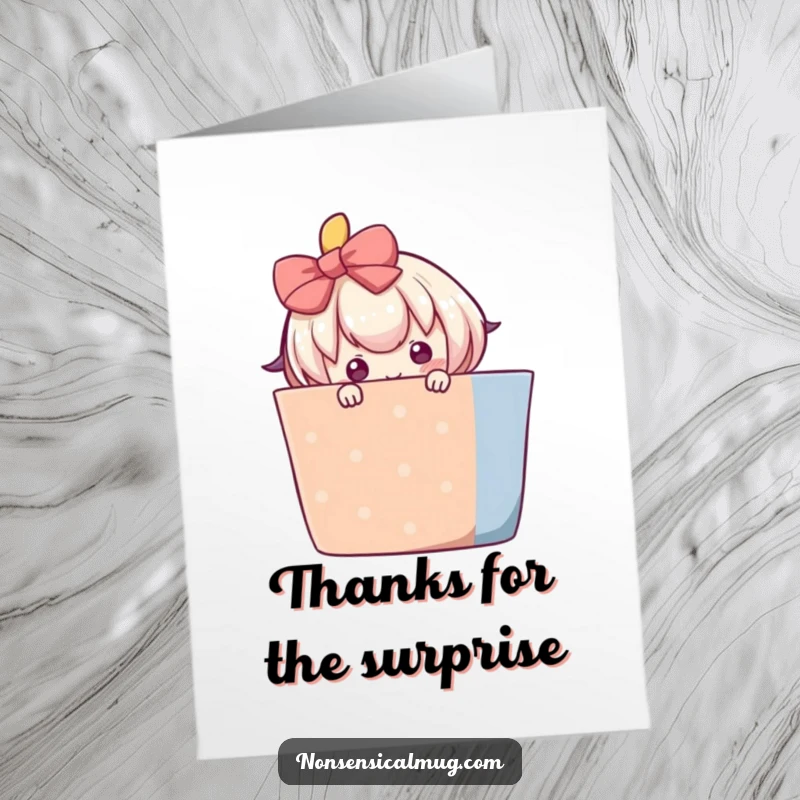 Funny free printable thank you card of a blushing character shyly peeking from behind a big, colorful gift.