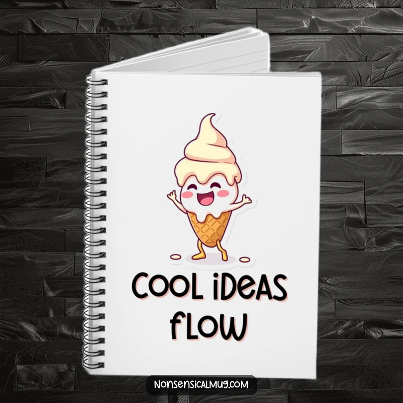 Funny kawaii melting ice cream cone character doing a silly dance on the cover of a lined notebook, ready for sweet thoughts.