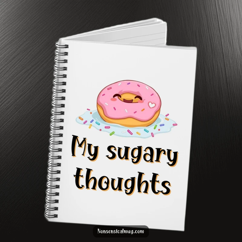 Funny notebook cover with a giggling donut character floating in sprinkles, inspiring sweet notes and joyful ideas.