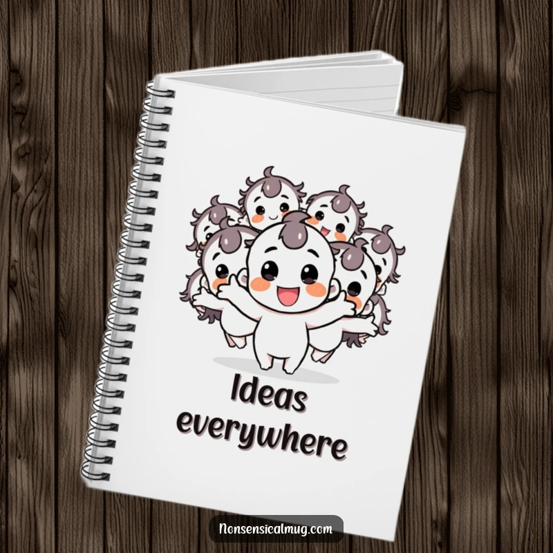 Funny notebook cover with a cheerful character creating multiple energetic, bouncing duplicates, inspiring creativity and fun note-taking.