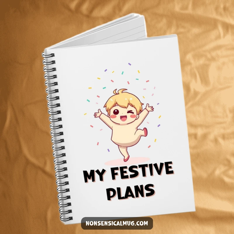 Funny notebook: a cute kawaii character joyfully does a cartwheel while throwing confetti, for note-taking.