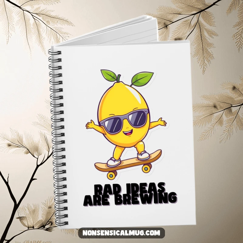 Funny lemon with sunglasses skateboarding, featured in a notebook for humorous and creative note-taking.