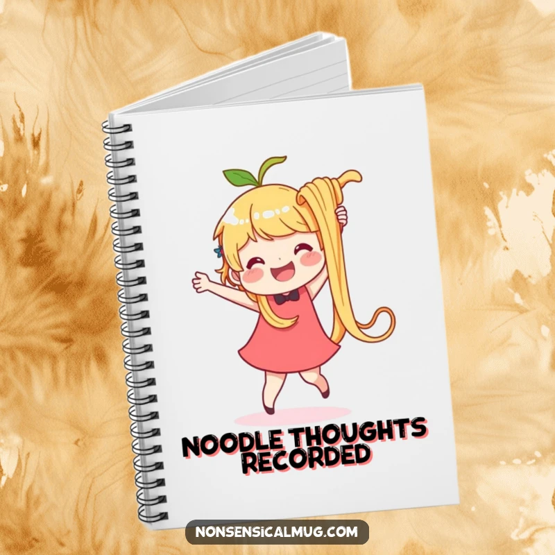 Funny notebook cover with a delighted character dancing with a single, oversized, wiggling noodle. Ideal for notes and recipes.
