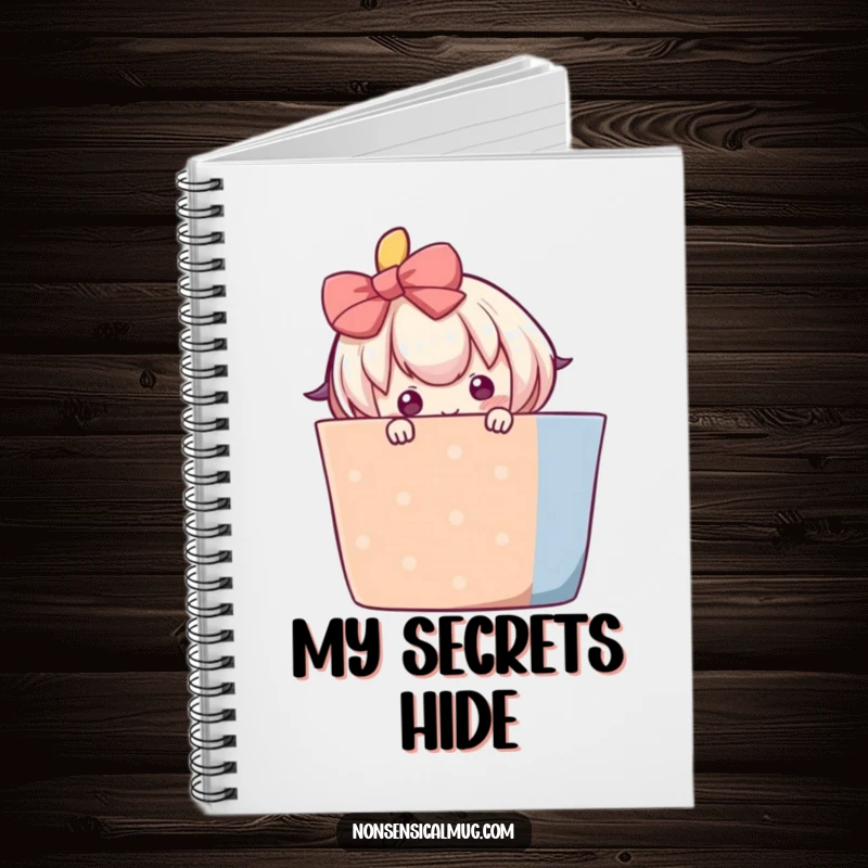 Funny notebook cover with a blushing character shyly peeking from behind a large, colorful gift, promoting shy note-taking.