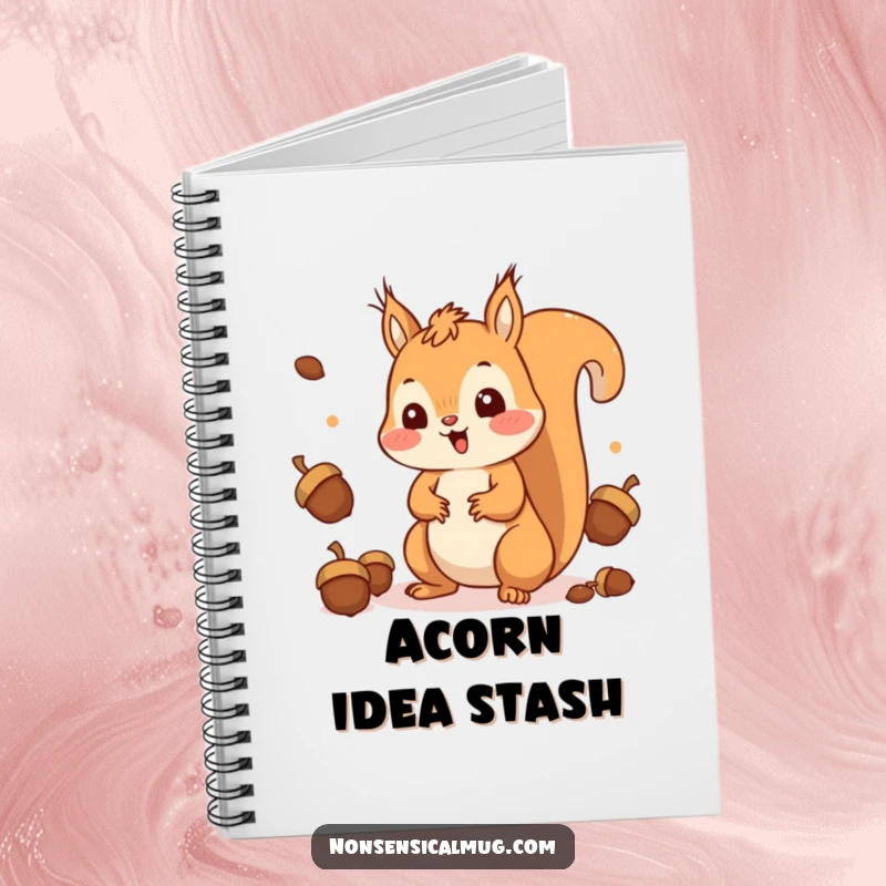 Funny Squirrel Notebook: A surprised kawaii squirrel happily juggling acorns, ready for note-taking.