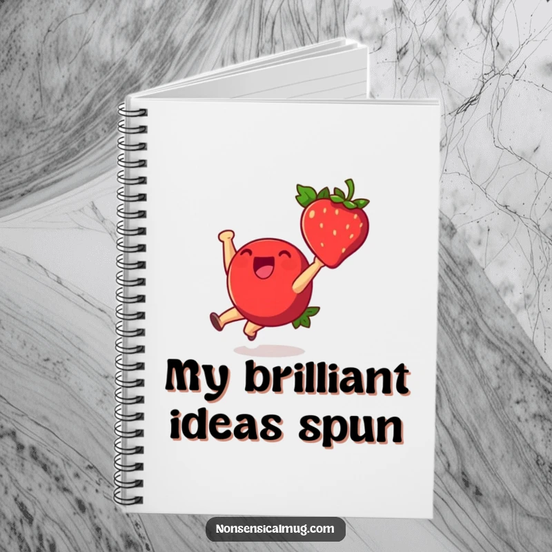 Funny notebook cover with a cheerful strawberry character doing a cartwheel, inspiring playful thoughts and joyful note-taking.