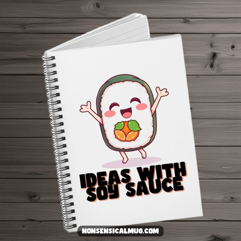Funny notebook featuring a delighted sushi roll character performing a joyful dance, perfect for note-taking and culinary inspiration.